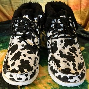 Gypsy Jazz Canvas Cow Print Ankle Booties